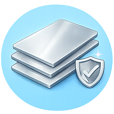 Stack of metallic sheets with a shield icon on a blue background
