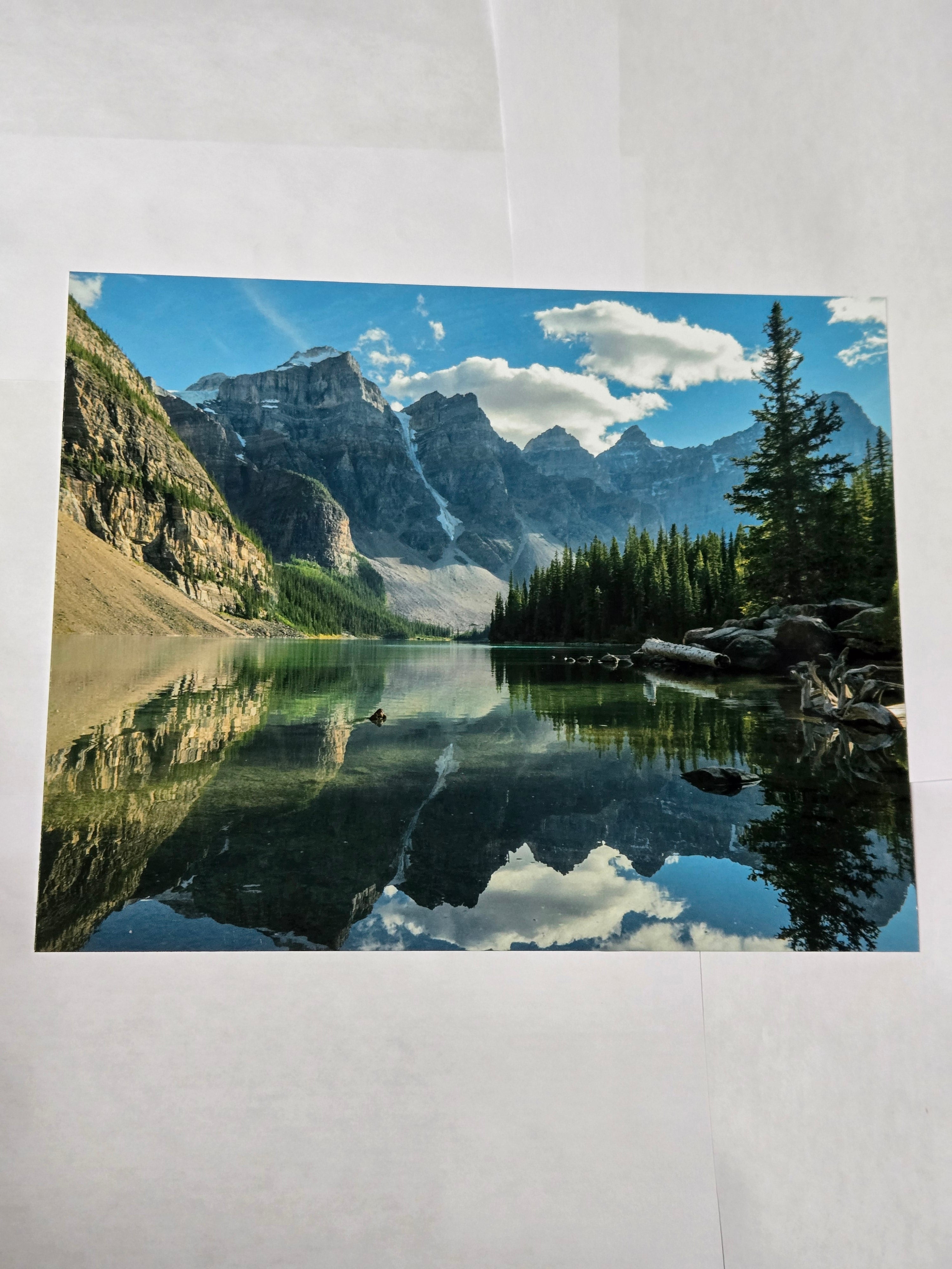 8 by 10 glossy aluminum print of a mirror reflection of a mountain landscape with trees and sky.