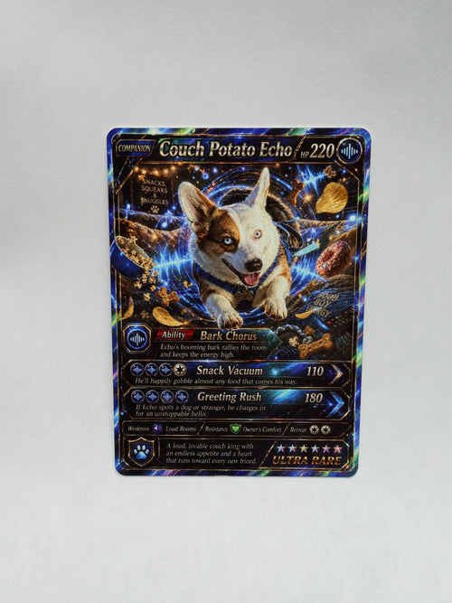 2.5 by 3.5 trading card with a dog illustration.