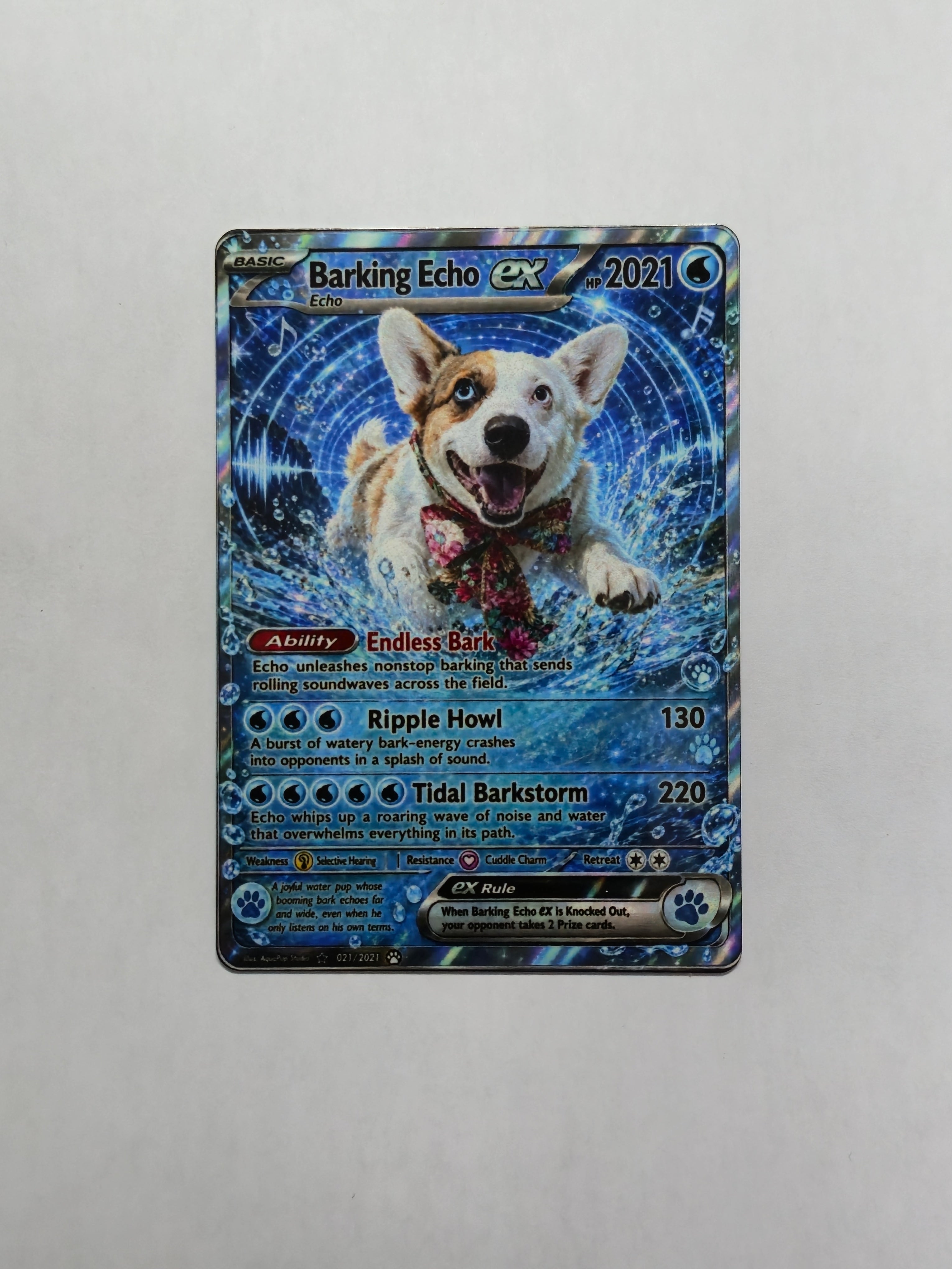 2.5 by 3.5 trading card with a dog illustration on a blue background