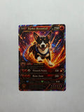 2.5 by 3.5 of a trading card with a dog illustration and fiery design.