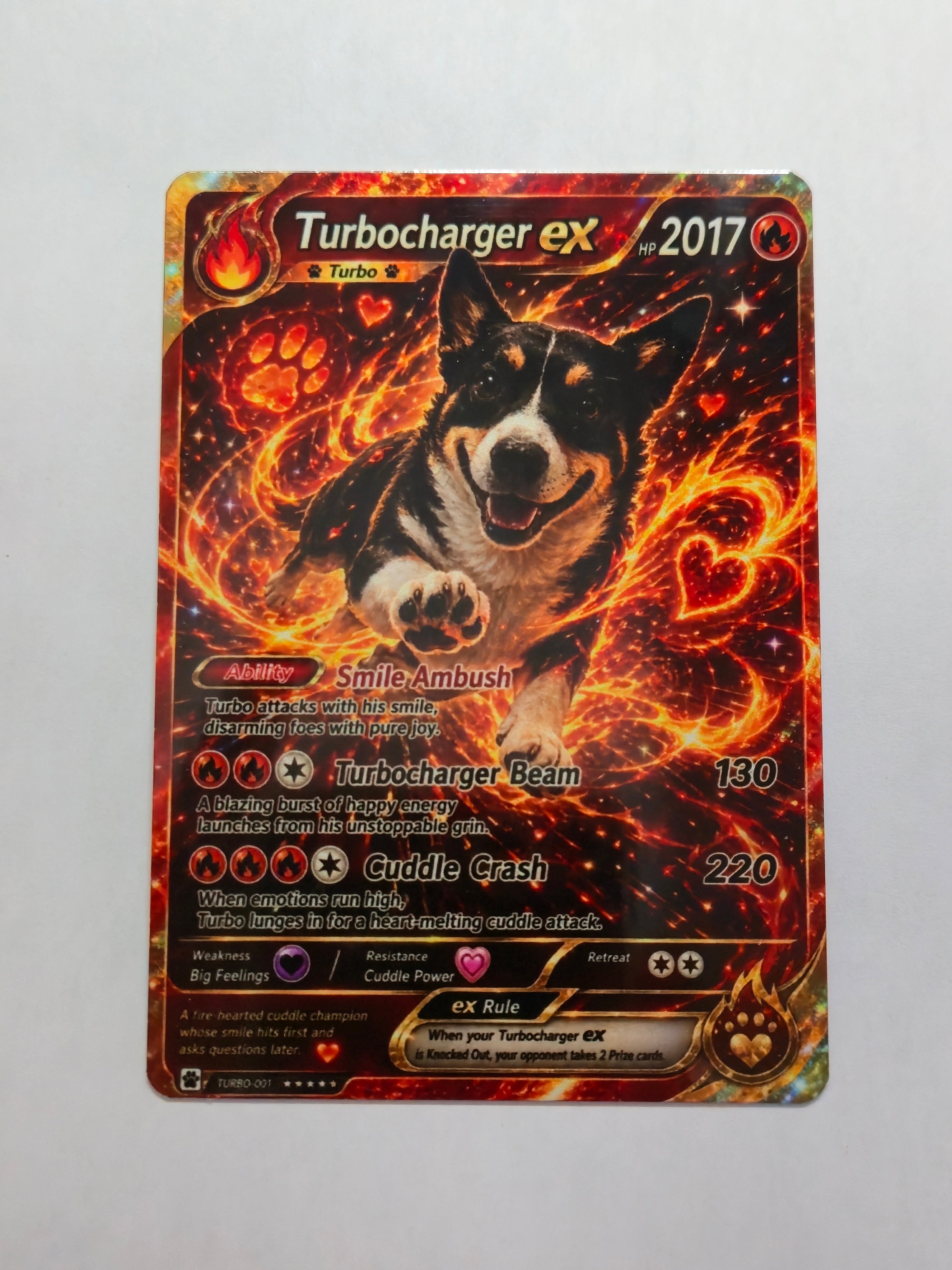 2.5 by 3.5 trading card with a dog illustration and fiery design.